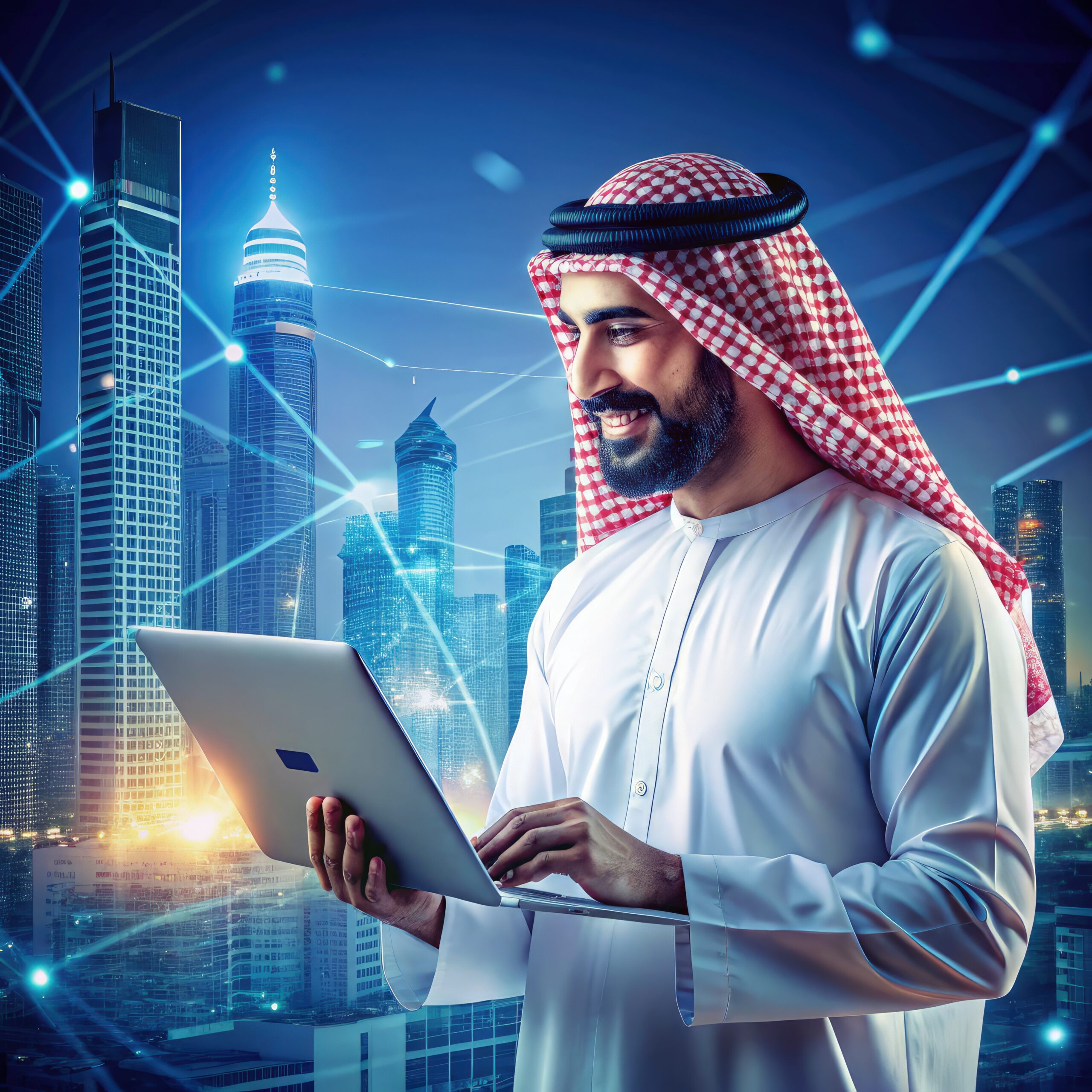 businessman traditional attire working laptop futuristic arabian city generative ai scaled