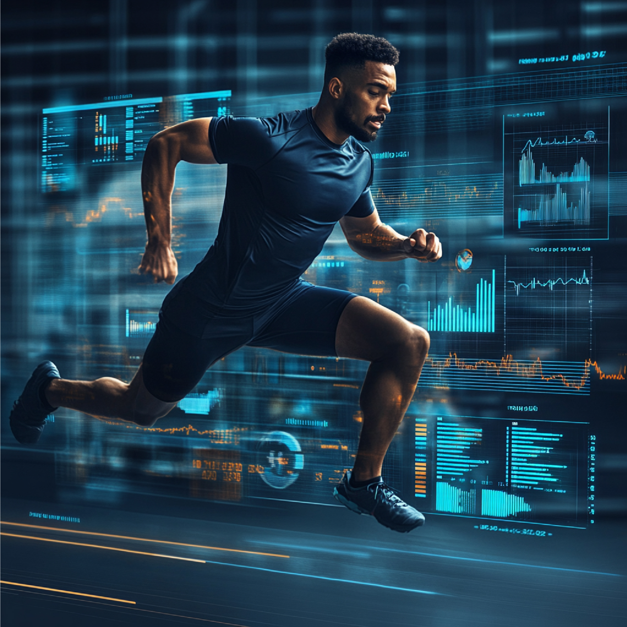 digital dashboard showing male doing sprints agility drills with performance metrics