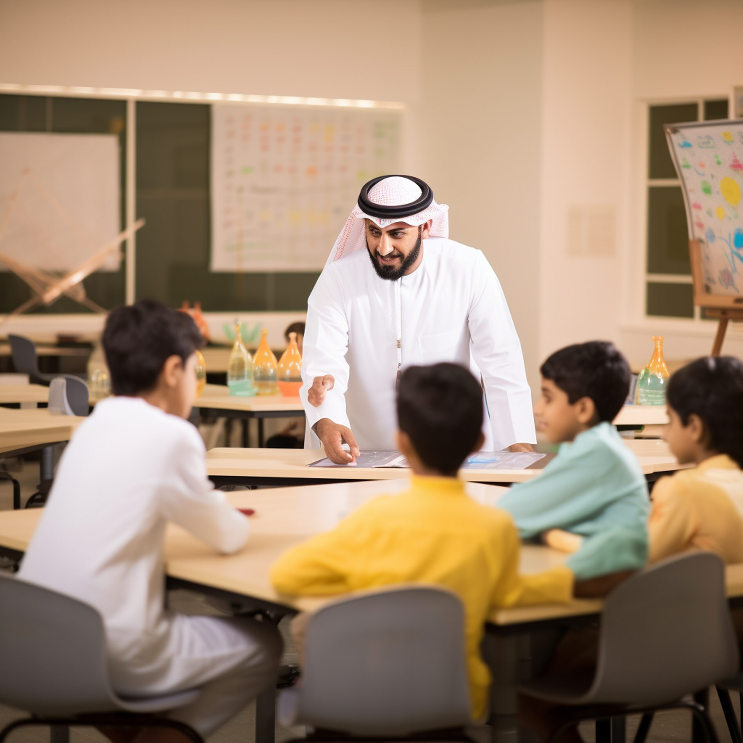 saudi arab teacher classroom students study boy reads book school children learning education tutor scaled