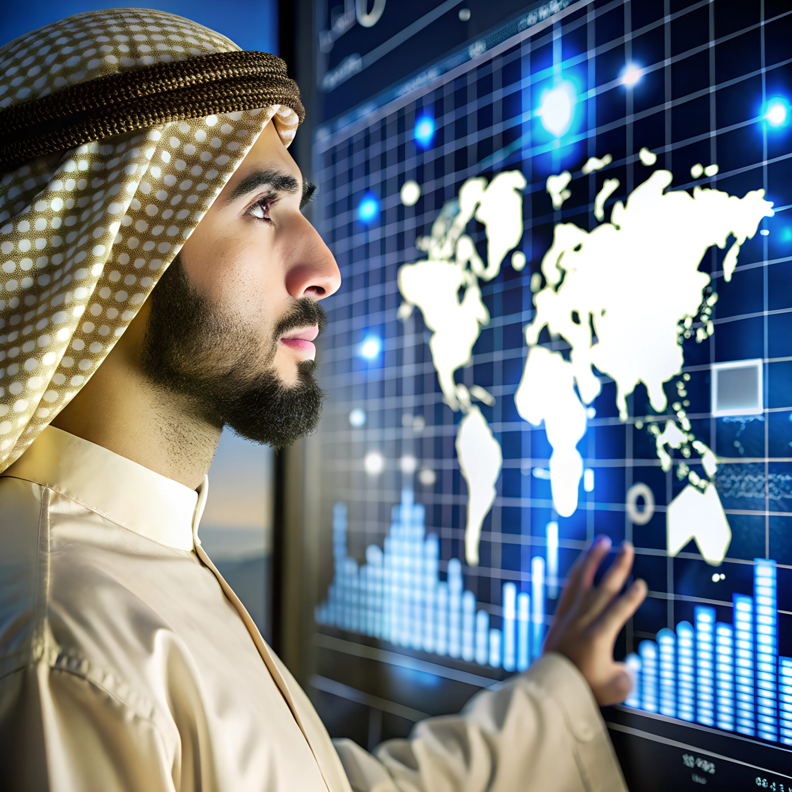 saudi gulf arab man wearing traditional dress technological growth field scaled