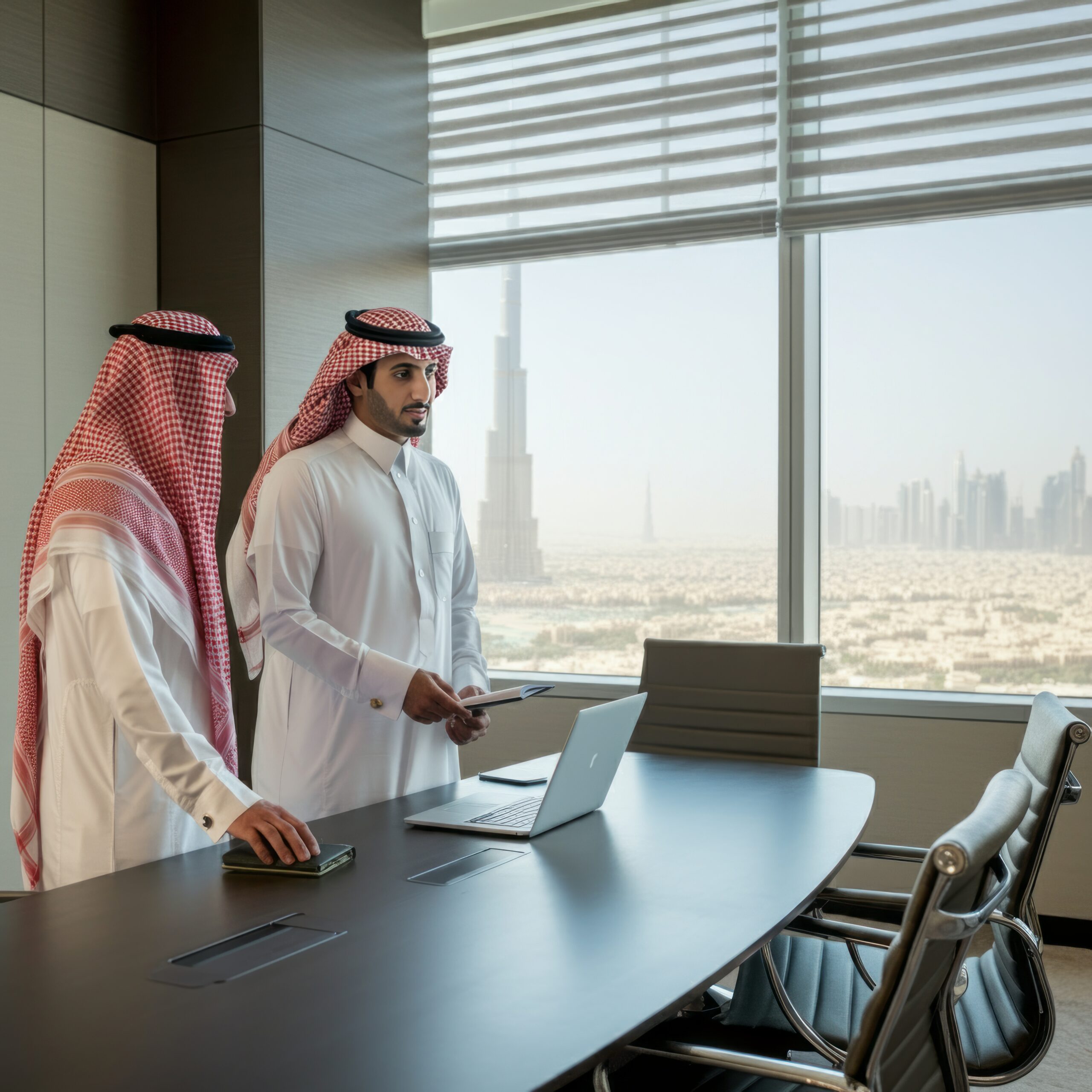 two men room with large window that has city them scaled