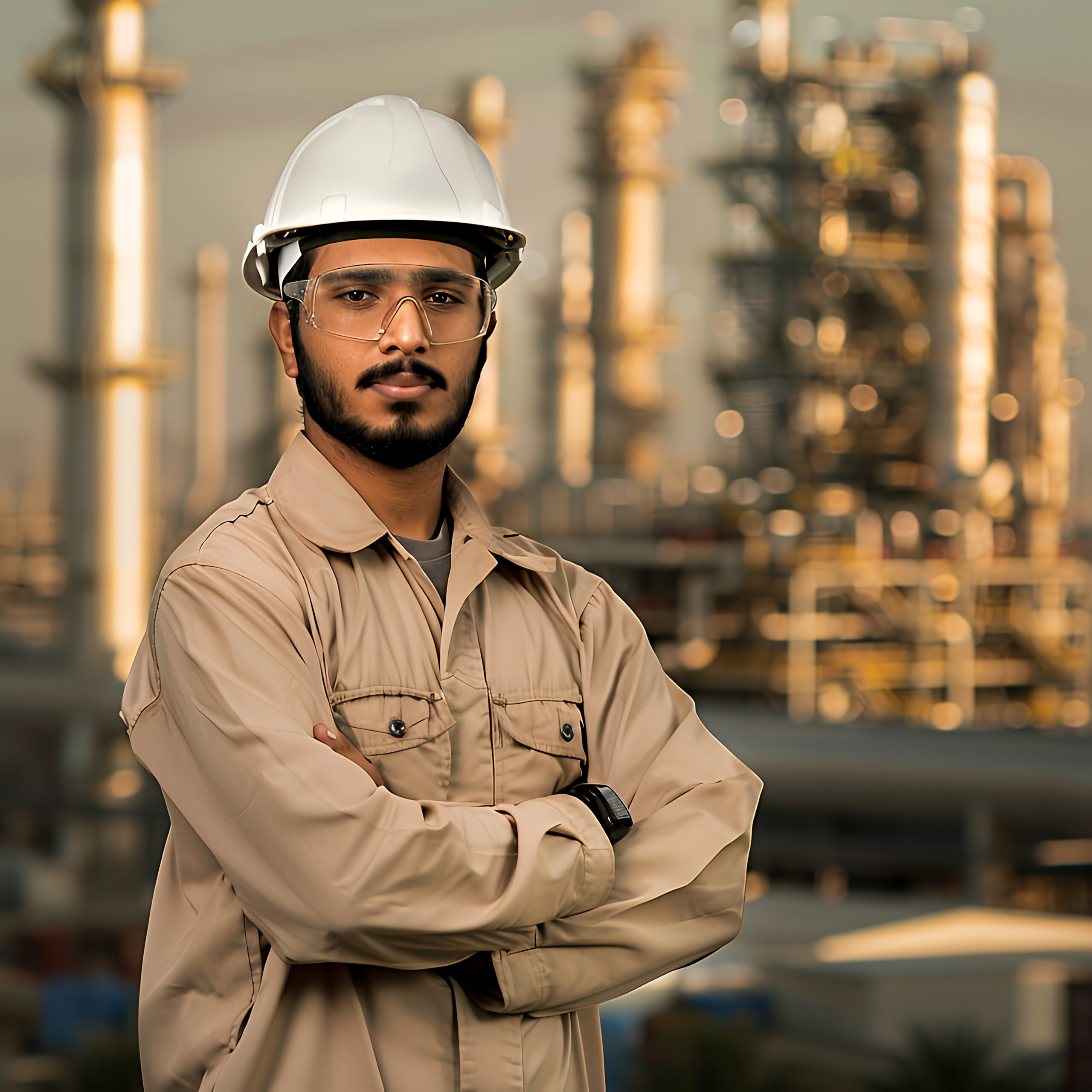 young man hard hat safety glasses stands front industrial plant scaled